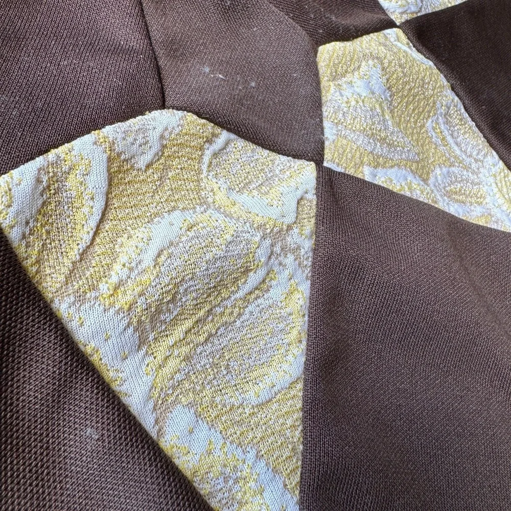 Vintage Handmade Lone Star Quilt Block Brown Yellow Brocade 16x16 Patchwork